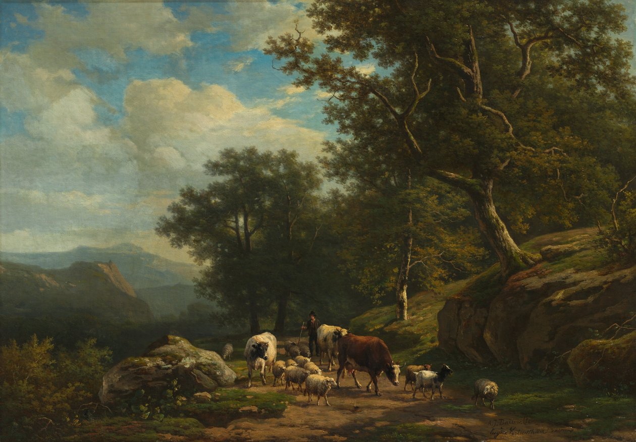 Landskab med en bonde og hans flok, ca. 1850-59 (olie på stof) af A.J. Daiwaille