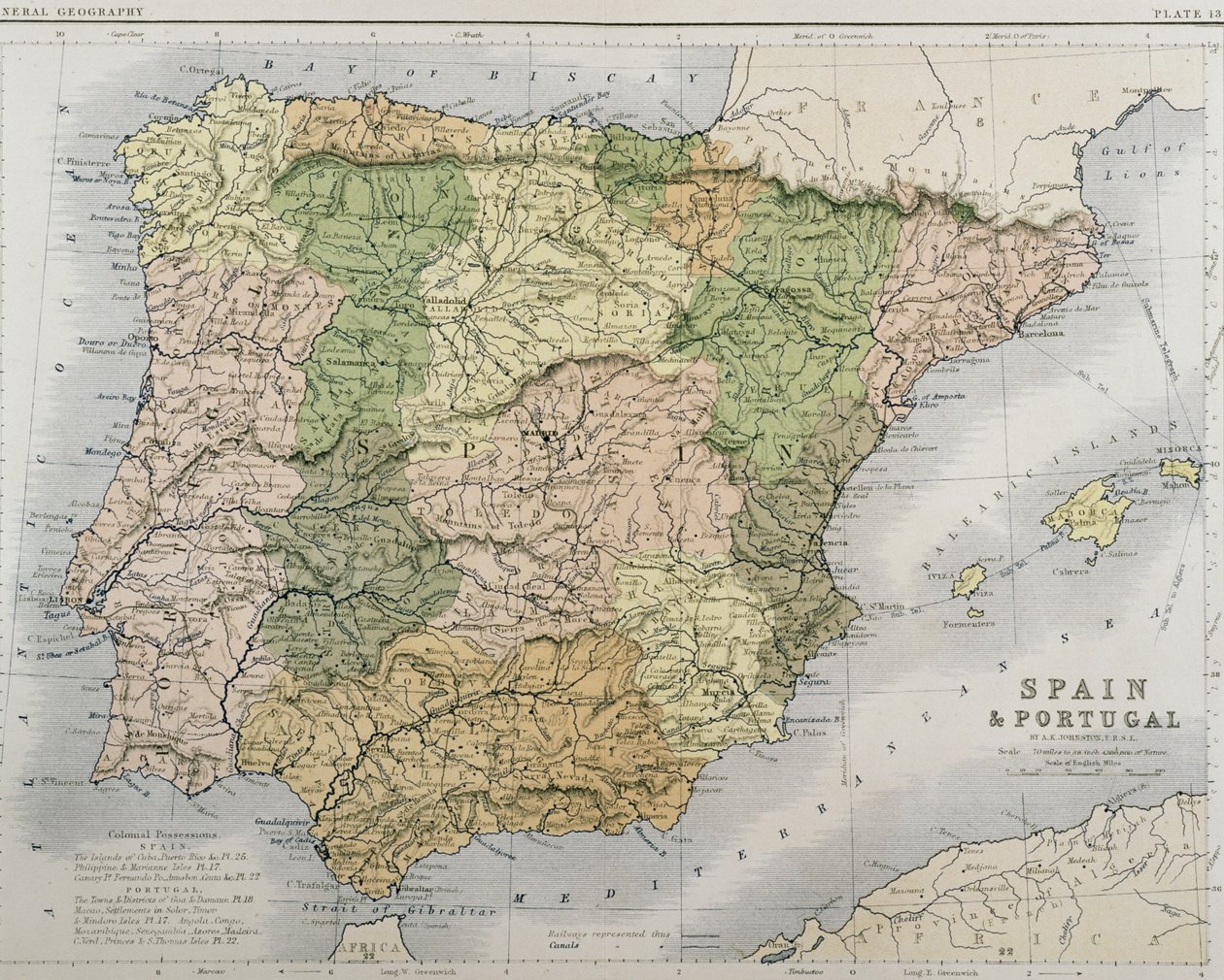 Et kort over Spanien og Portugal, ca. 1869 af Alexander Keith Johnston