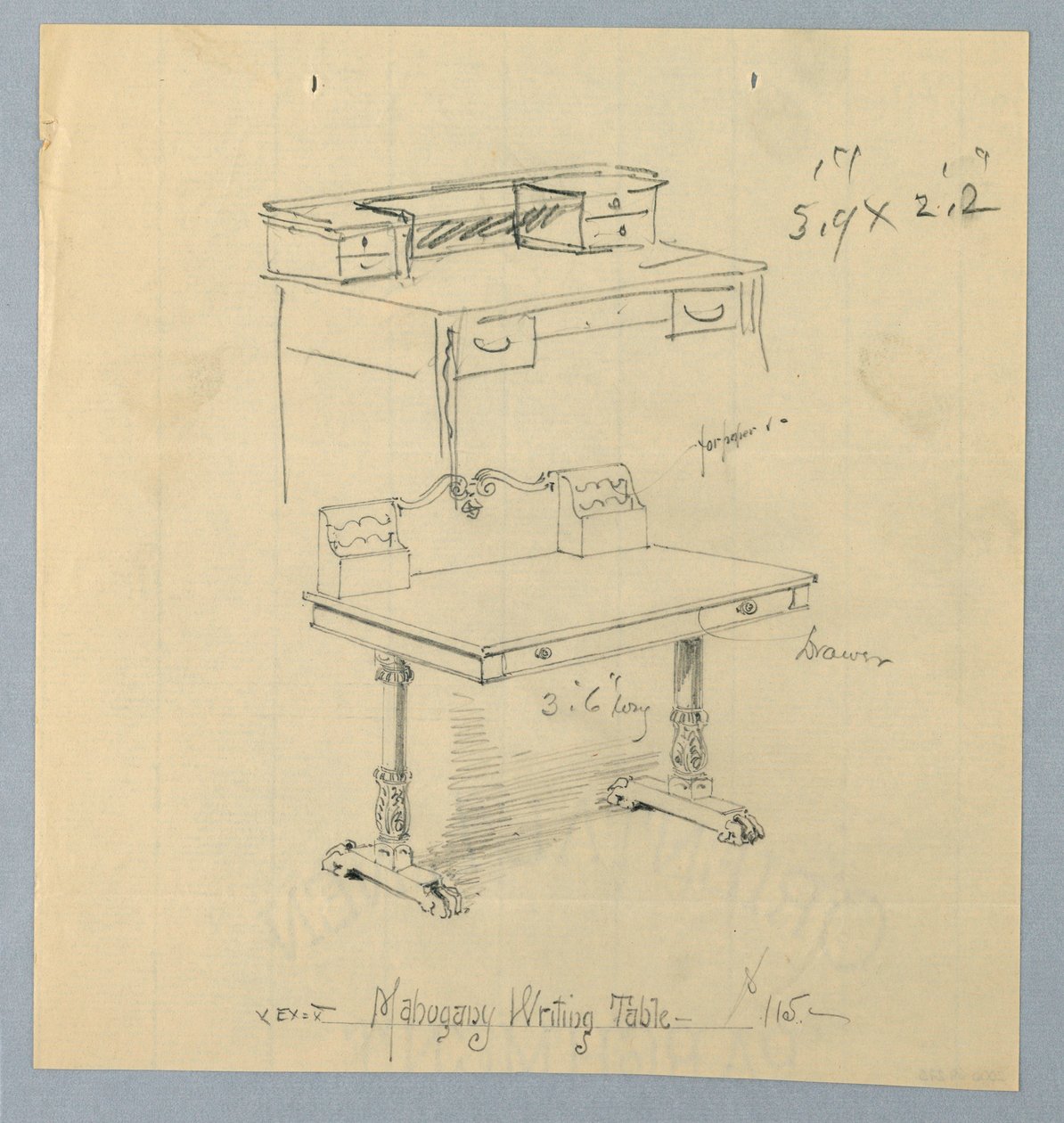 Design og skitse til "Mahogni Writing Table" af A.N. Davenport Co.