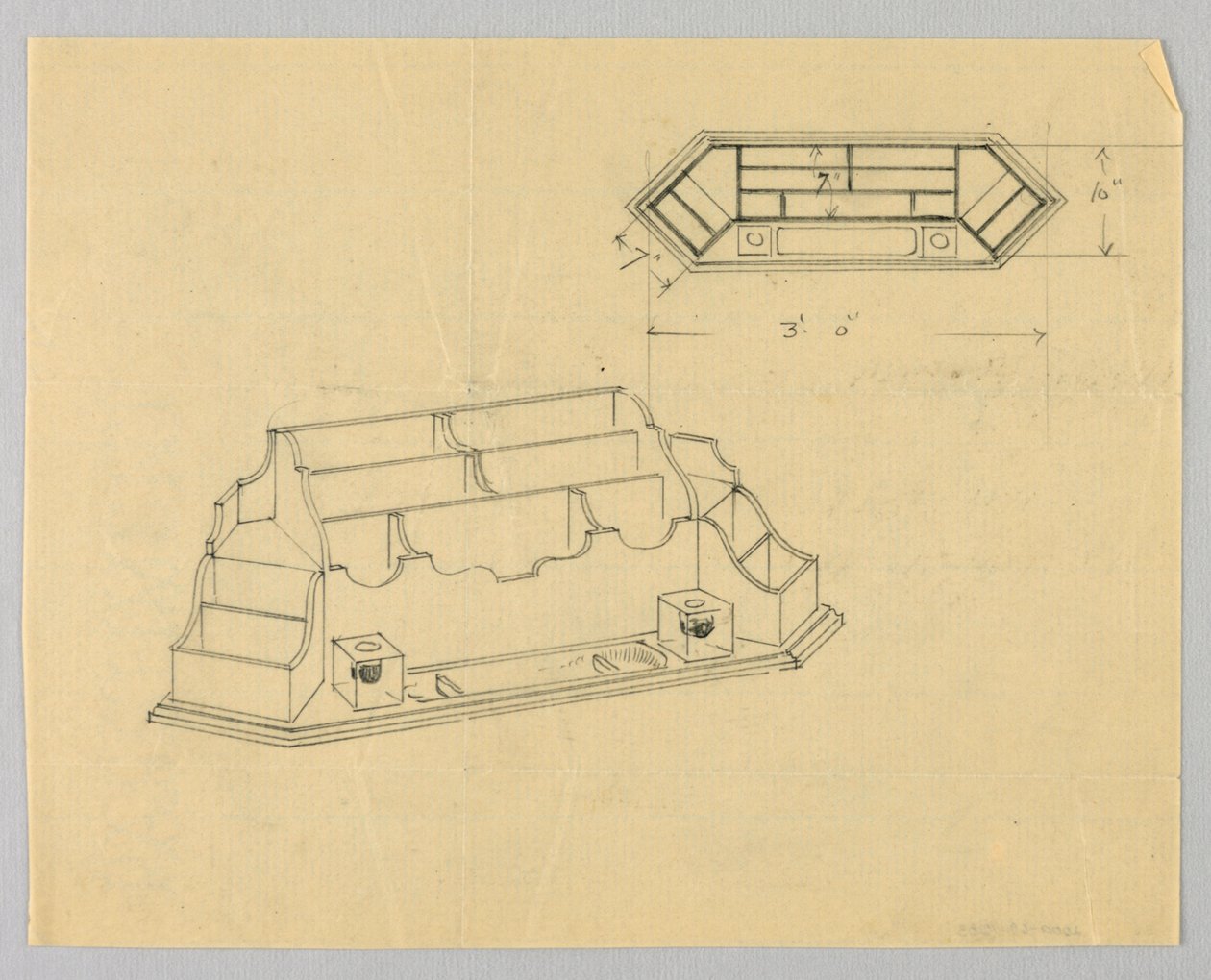 Design til skrivebordsarrangør i plan og elevation af A.N. Davenport Co.
