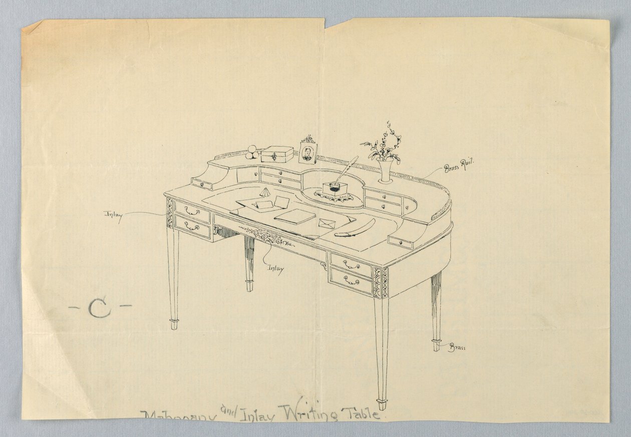 Design til halvcirkulært skrivebord "C" med messingfødder og messingrækværk af A.N. Davenport Co.