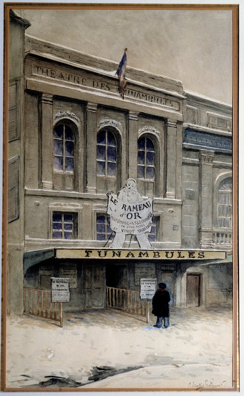 Udsigt over Theatre des Funambules på boulevard du Crime (boulevard du Temple i Paris). Akvarel af Adolphe (1828-1883) Paris. Carnavalet Museum af A.P. Martial
