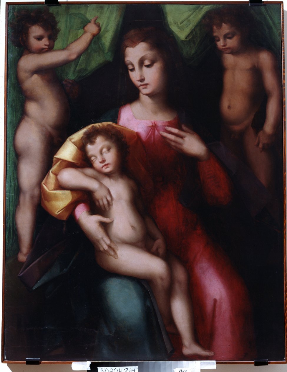 ""Jomfruen tilbeder det sovende Kristusbarn med to engle"" (Jomfruen tilbeder det sovende Kristusbarn med to engle) Maleri af Andrea Piccinelli kendt som Brescianino (1485- efter 1525) 1510 cirka Ivan Kramskoy Museum of Fine Arts (eller Kramskoi) ) til Vor af A. Piccinelli