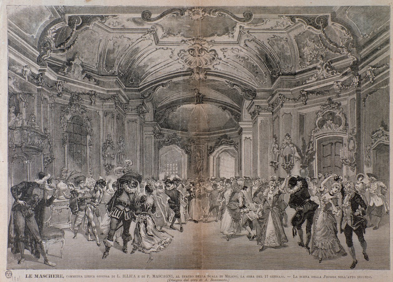 Illustrationer til operaen Le Maschere af Pietro Mascagni til forestillingen i teatro alla Scala i Milano af A. (after) Bonamore