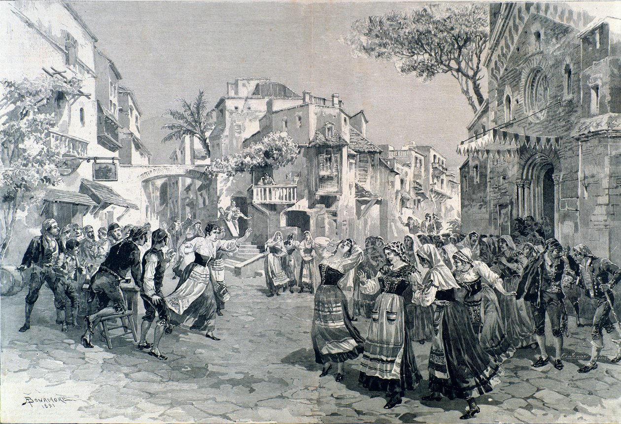 Slutscenen af ​​Cavalleria rusticana, opera af Mascagni, på teatro alla scala i 1891 af A. (after) Bonamore