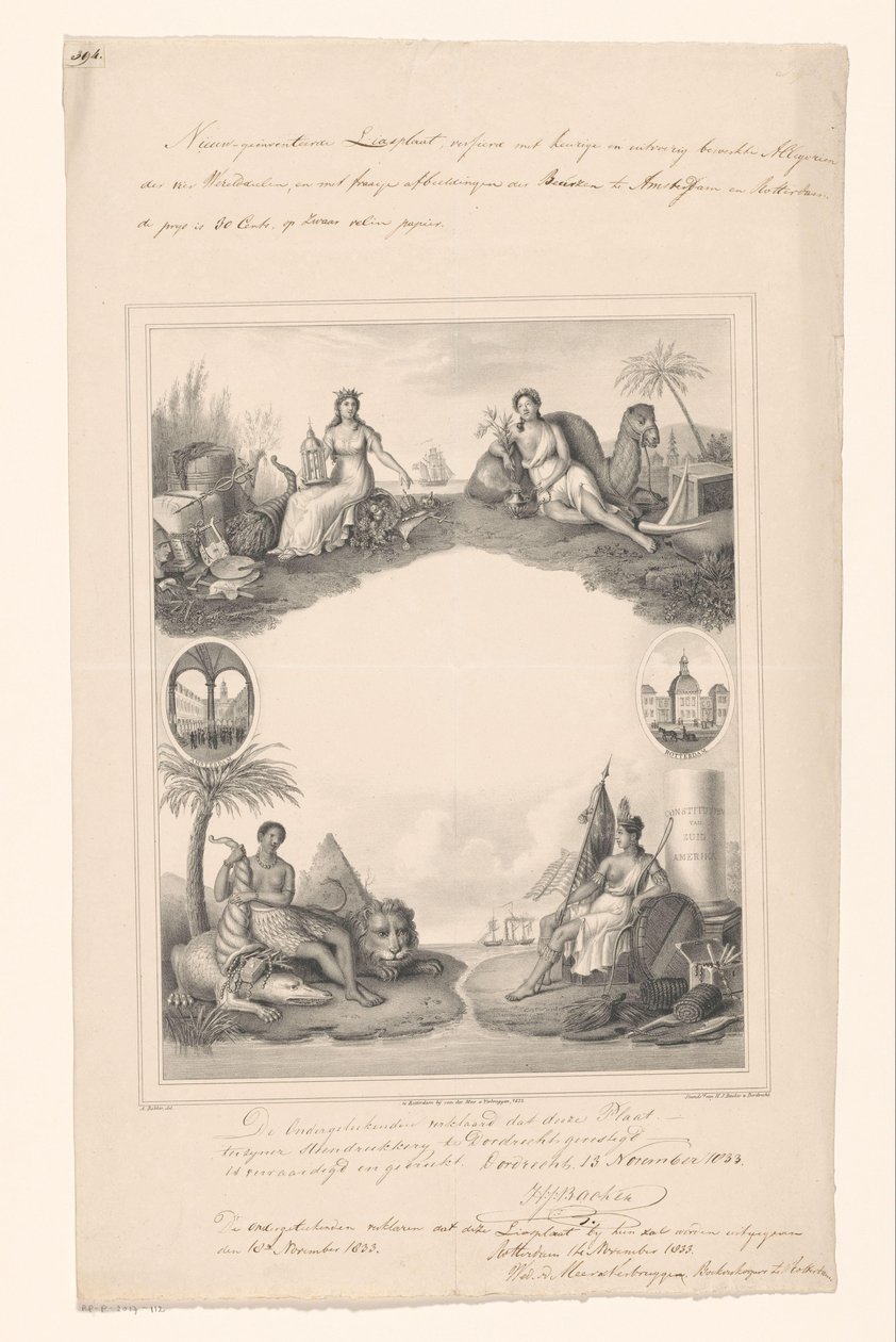 Design til en titelside med personifikationer af fire kontinenter af A. Bakker