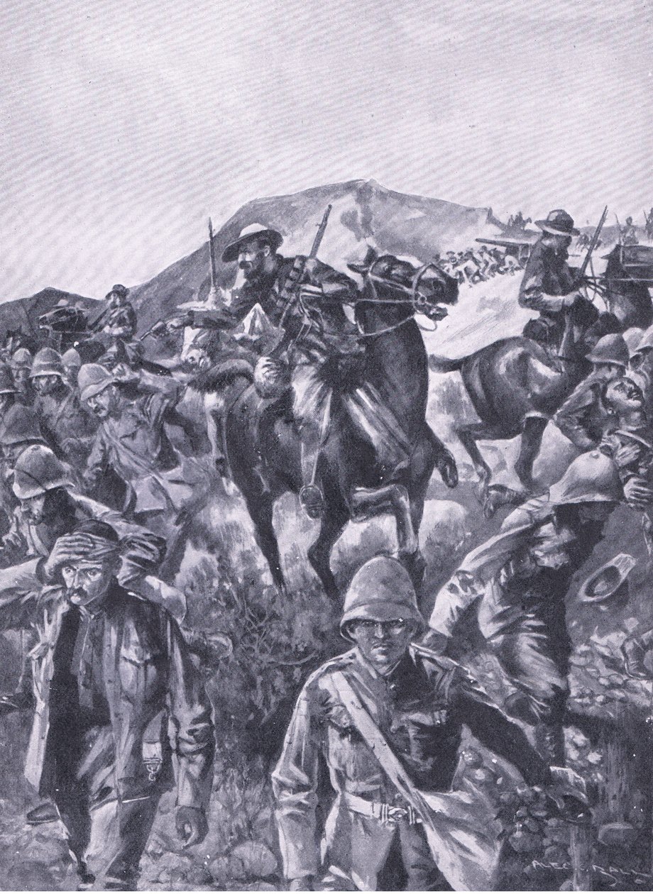 Britiske fanger indskudt som en skærm, mens boerne fjernede en flådepistol, fra After Pretoria: The Guerilla War udgivet af Harmsworth Bros Limited, 1901 af A. C. Ball