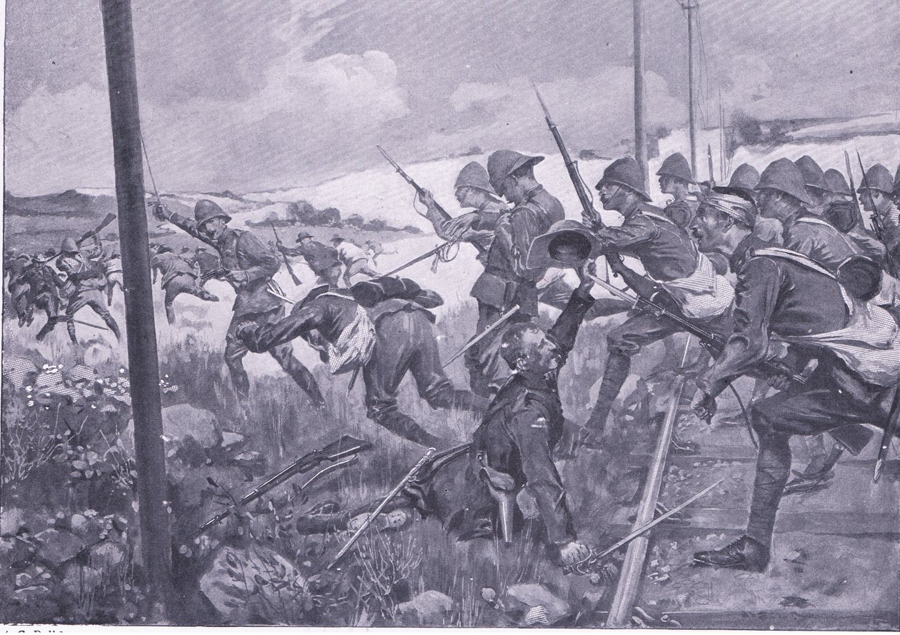 Anklagen for de skotske fusiliers i Fredrikstad, illustration fra After Pretoria: The Guerilla War, 1902 af A. C. Ball