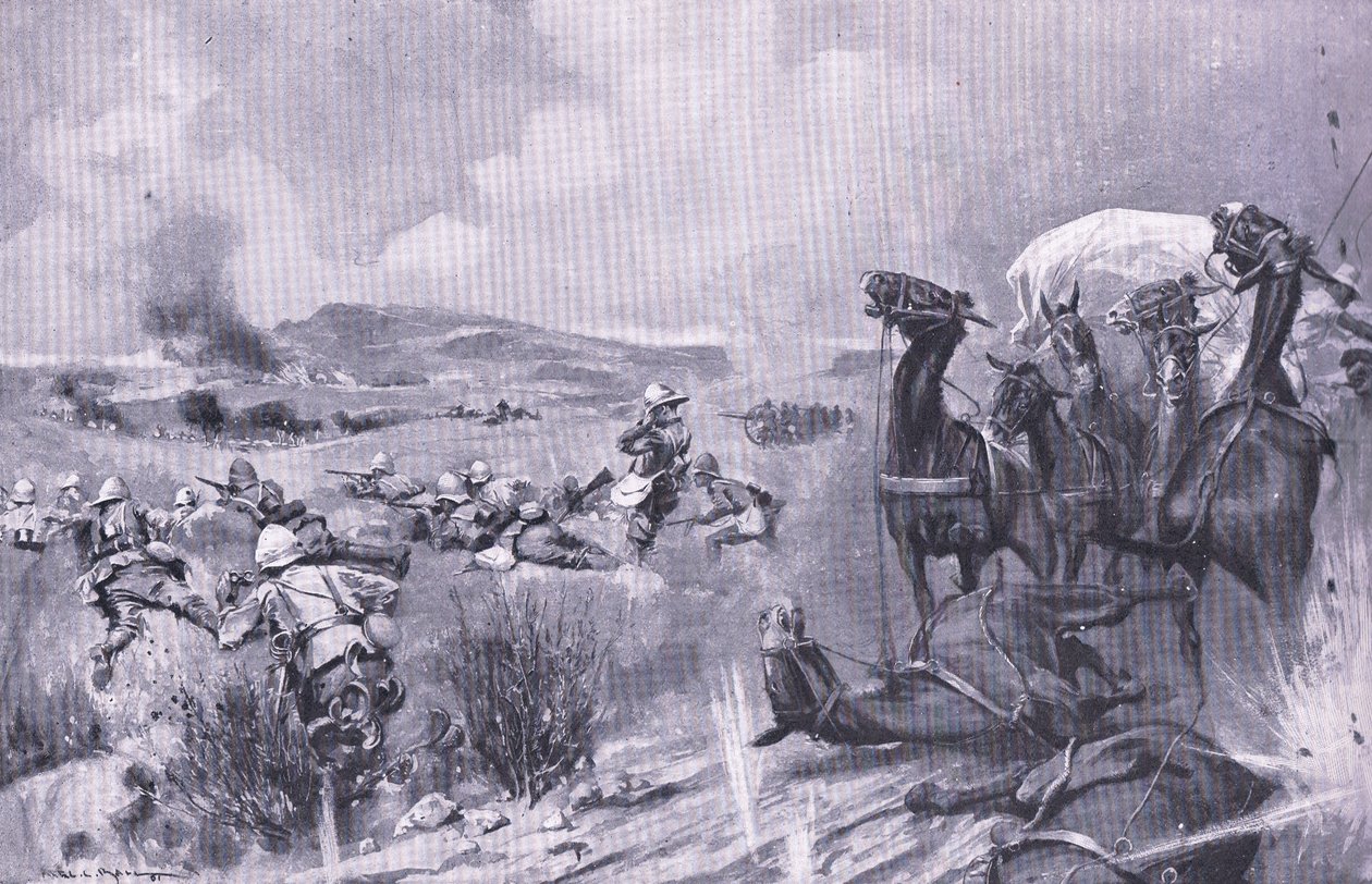 Angrebet på konvojen ved Buffelspoort, illustration fra After Pretoria: The Guerilla War, 1902 af A. C. Ball