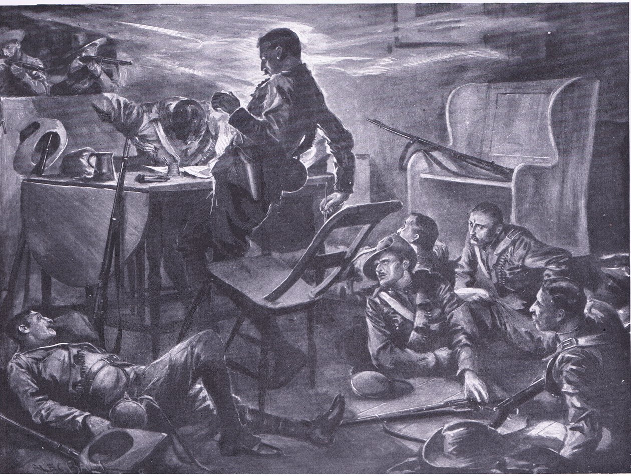 Drabet på to mænd fra Comptons Horse, mens de skrev breve hjem, illustration fra After Pretoria: The Guerilla War, 1902 af A. C. Ball