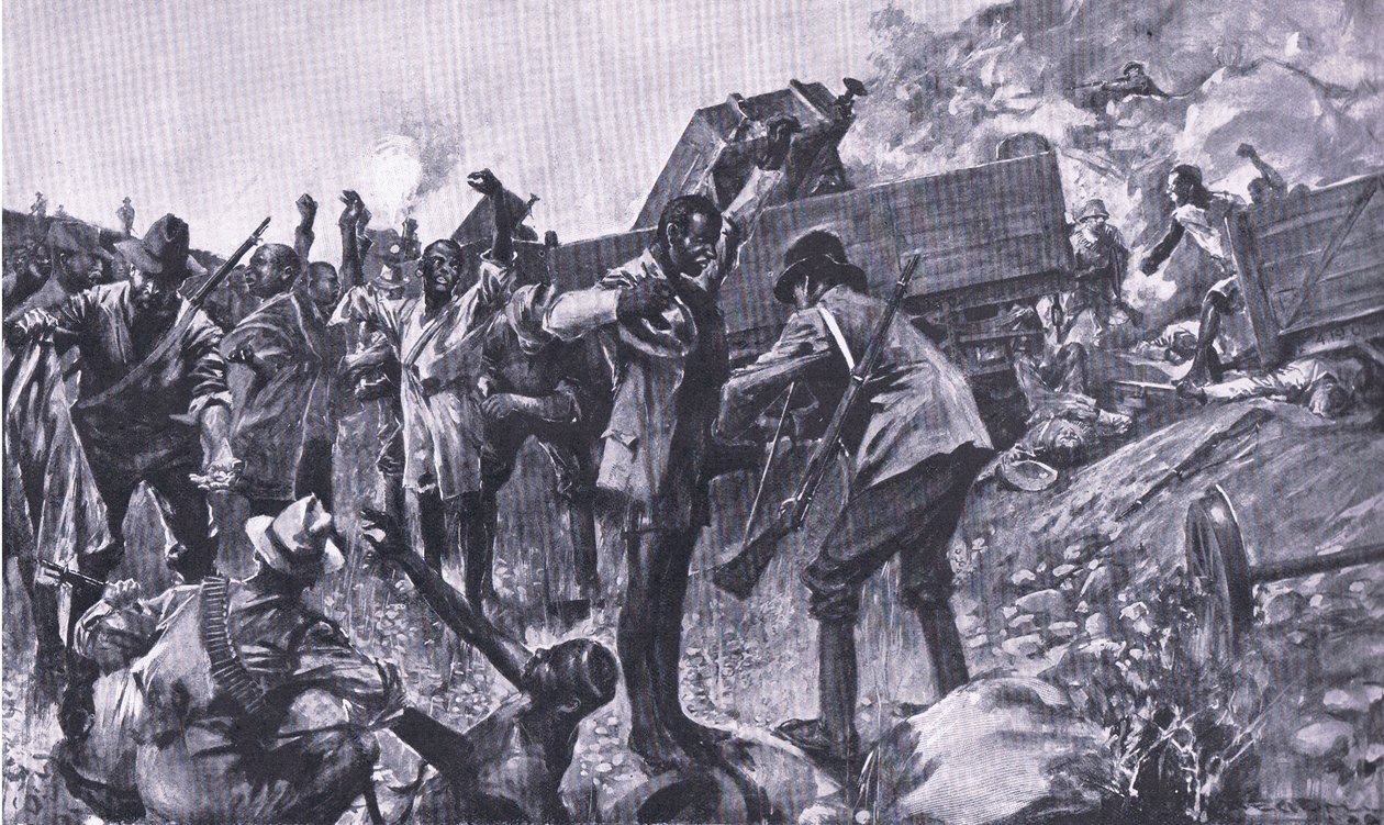 Ødelæggelsen af toget nær Taaibosch, fra After Pretoria: The Guerilla War udgivet af Harmsworth Bros Limited, 1901 af A. C. Ball