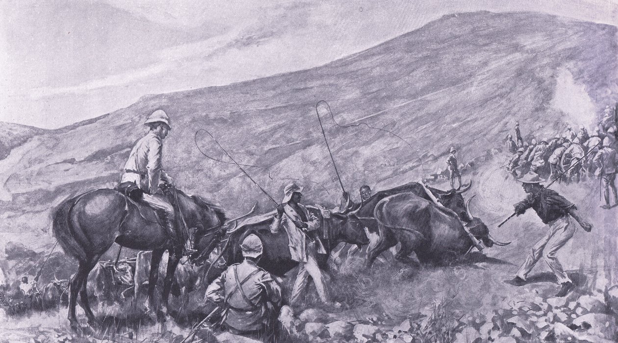 Transportvanskeligheder ved Barberton: Hvordan kanoner og vogne blev transporteret op ad bjergene, illustration fra Efter Pretoria: Guerillakrigen, 1902 af A. C. Ball