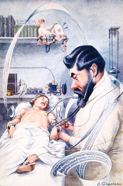 Professor Camille Lian (1882-1969) undersøger en patient med alt hans udstyr, fra 