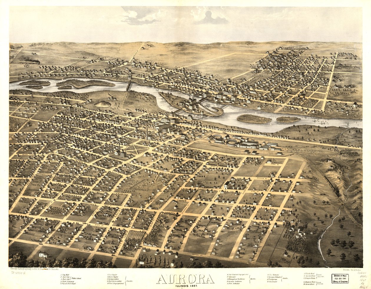Aurora, Illinois 1867. LOC 73693341 af A.; Chicago Lithographing Co. Ruger