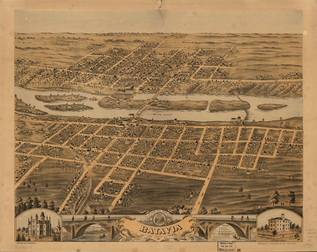 Udsigt i fugleperspektiv over Batavia, Kane County, Illinois, 1869. LOC 73693342 af A.; Chicago Lithographing Co. Ruger