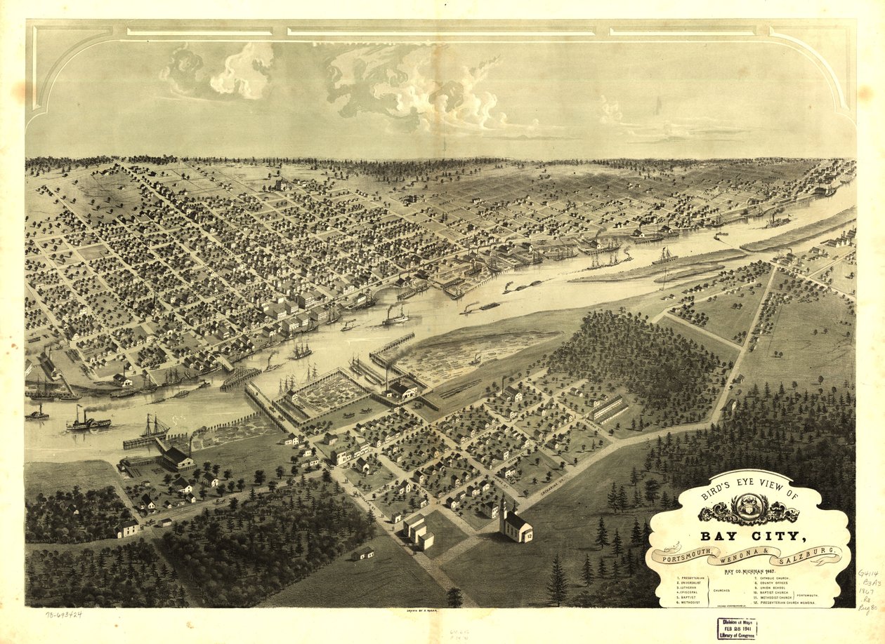 Fugleperspektiv af Bay City, Portsmouth, Wenona  Salzburg, Bay Co, Michigan 1867. LOC 73693424 af A.; Chicago Lithographing Co. Ruger