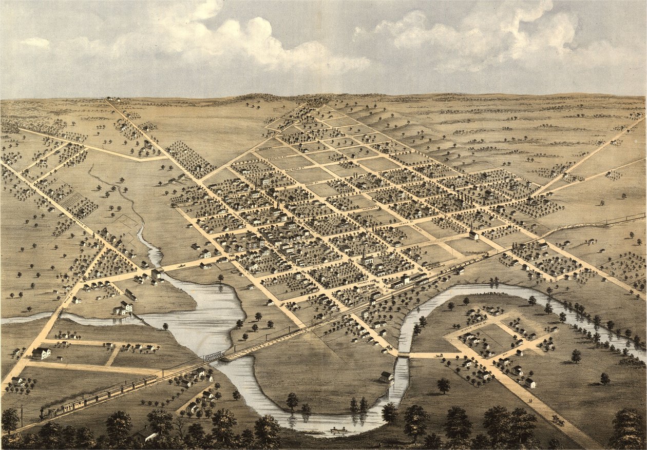 Fugleperspektiv af Columbus, Columbia Co, Wisconsin 1868. LOC 73694538 af A.; Chicago Lithographing Co. Ruger
