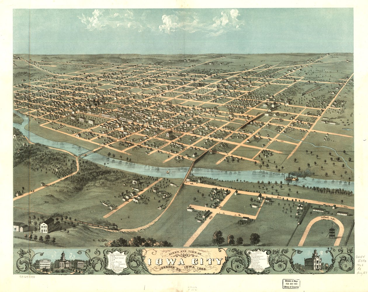 Fugleperspektiv af Iowa City, Johnson Co., Iowa 1868. LOC 73693398 af A.; Chicago Lithographing Co. Ruger
