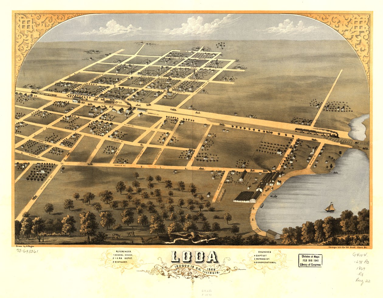Fugleperspektiv af Loda, Iroquois Co, Illinois 1869. LOC 73693361 af A.; Chicago Lithographing Co. Ruger