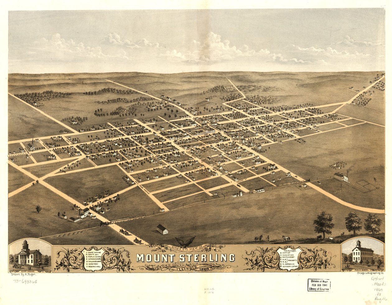 Fugleperspektiv af Mount Sterling, Brown County, Illinois 1869. LOC 73693365 af A.; Chicago Lithographing Co. Ruger