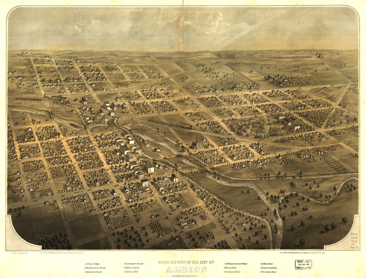 Fugleperspektiv af byen Albion, Calhoun County, Michigan. LOC 73693419 af A.; Chicago Lithographing Co. Ruger
