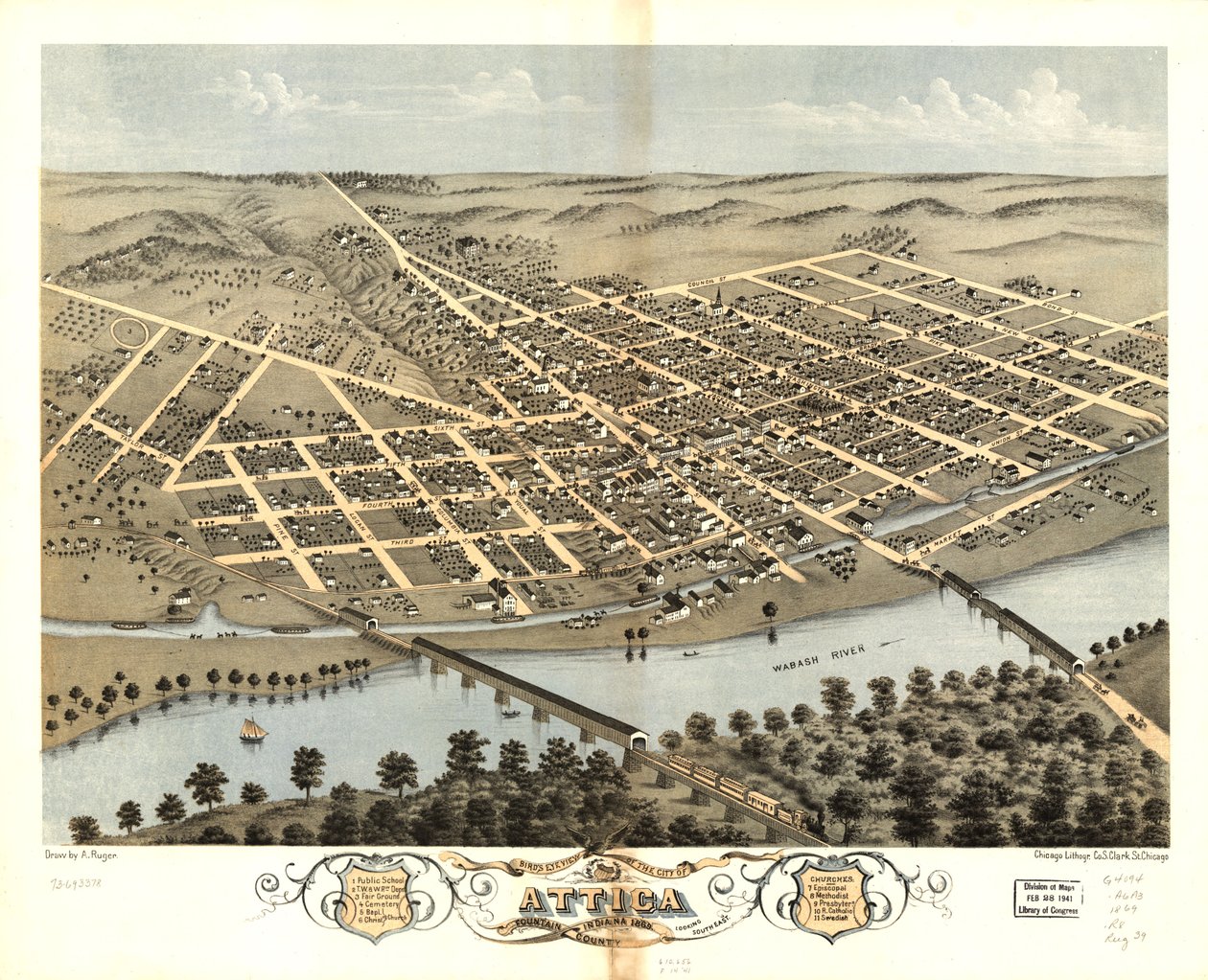Fugleperspektiv af byen Attica, Fountain County, Indiana 1869. LOC 73693378 af A.; Chicago Lithographing Co. Ruger