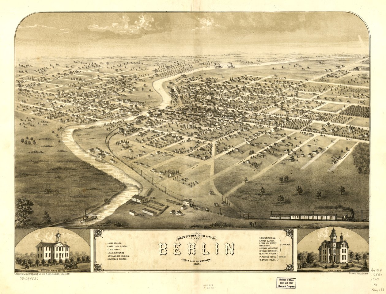 Fugleperspektiv af byen Berlin, Green Lake Co, Wisconsin 1867. LOC 73694536 af A.; Chicago Lithographing Co. Ruger