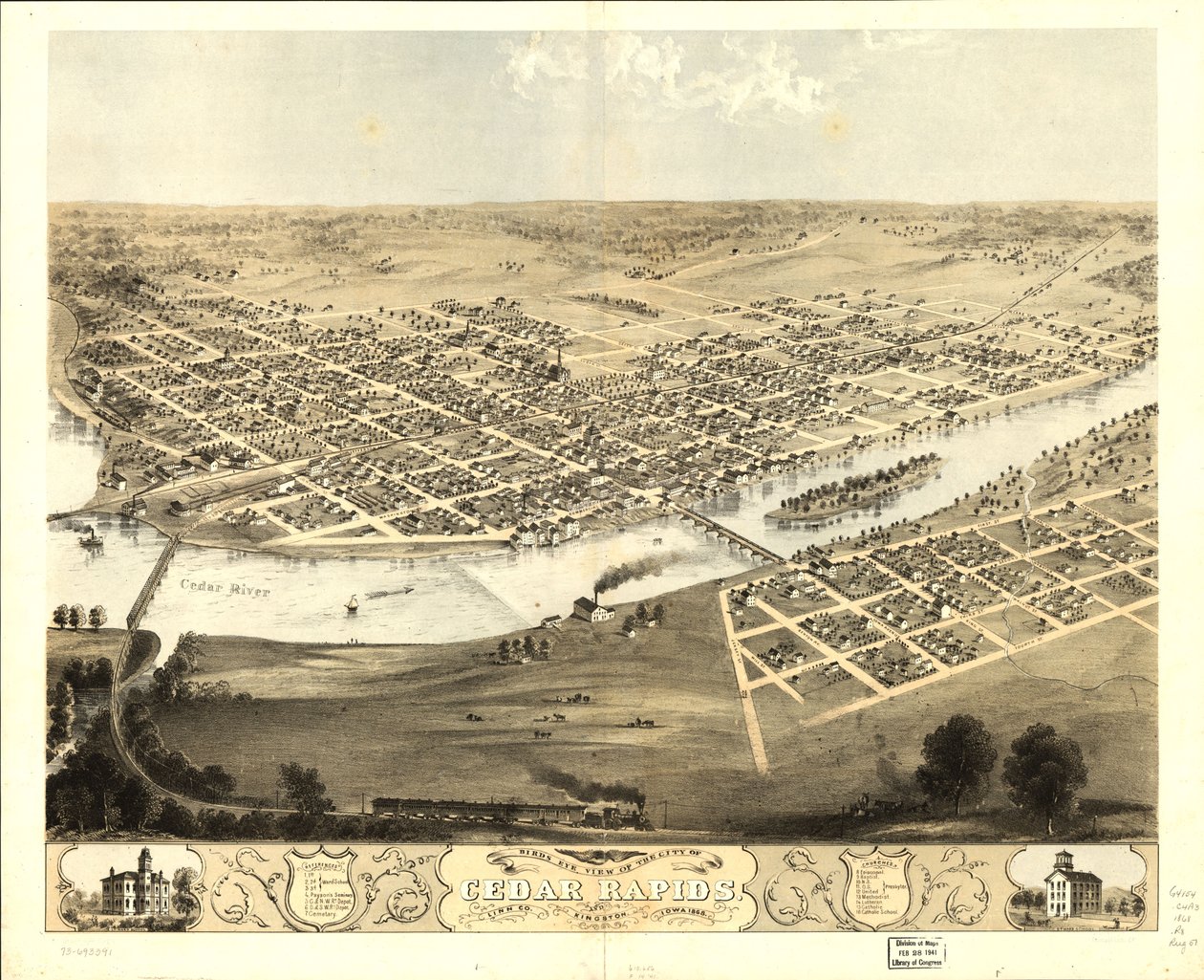 Fugleperspektiv af byen Cedar Rapids og Kingston, Linn Co, Iowa 1868. LOC 73693391 af A.; Chicago Lithographing Co. Ruger
