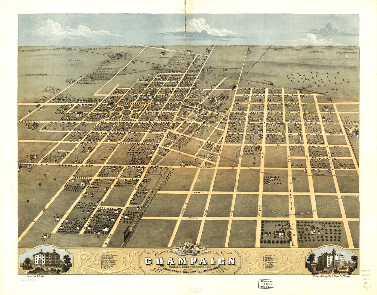 Udsigt i fugleperspektiv over byen Champaign, Champaign County, Illinois 1869. LOC 73693348 af A.; Chicago Lithographing Co. Ruger