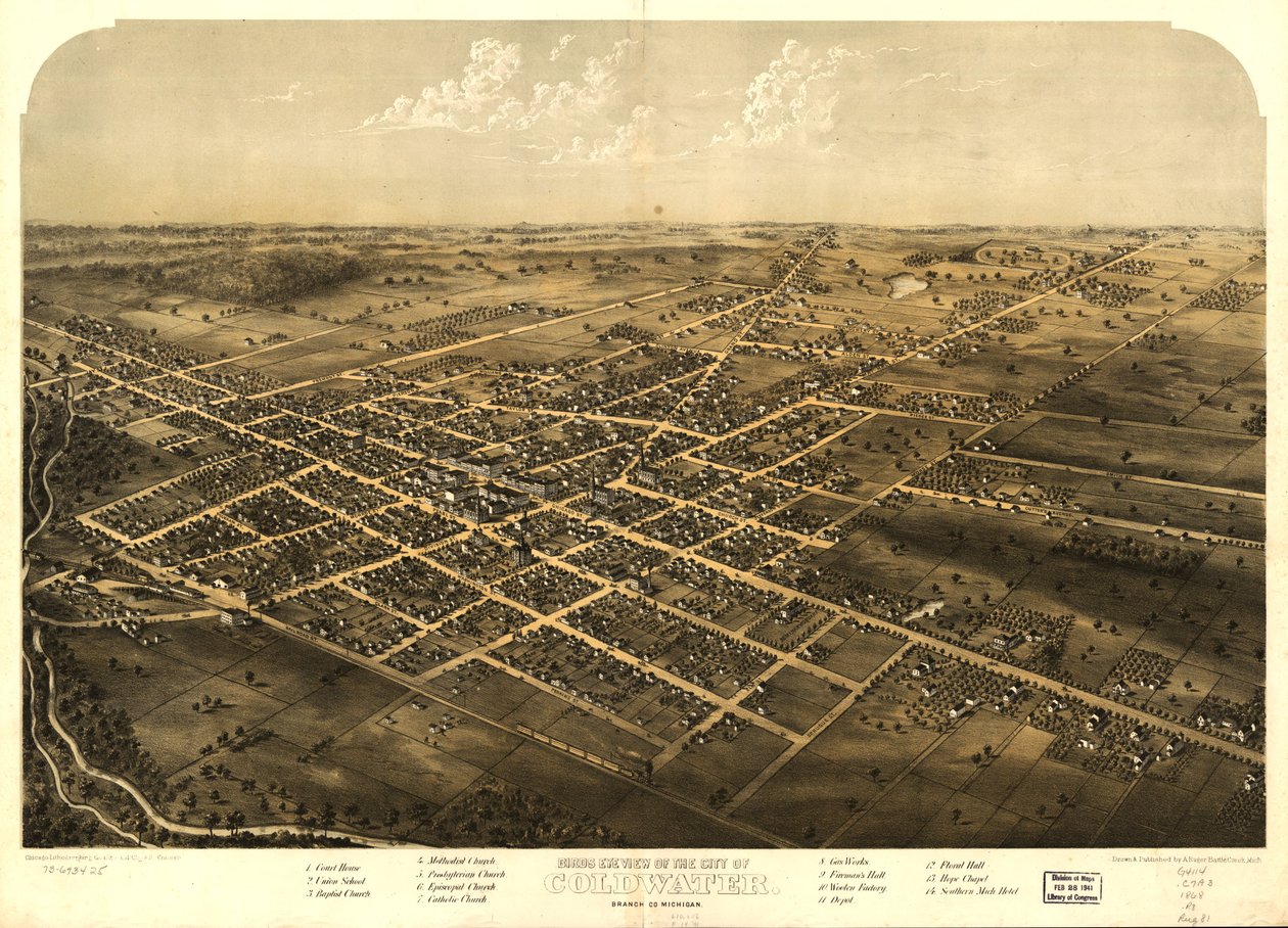 Fugleperspektiv af byen Coldwater, Branch Co. i Michigan. LOC 73693425 af A.; Chicago Lithographing Co. Ruger