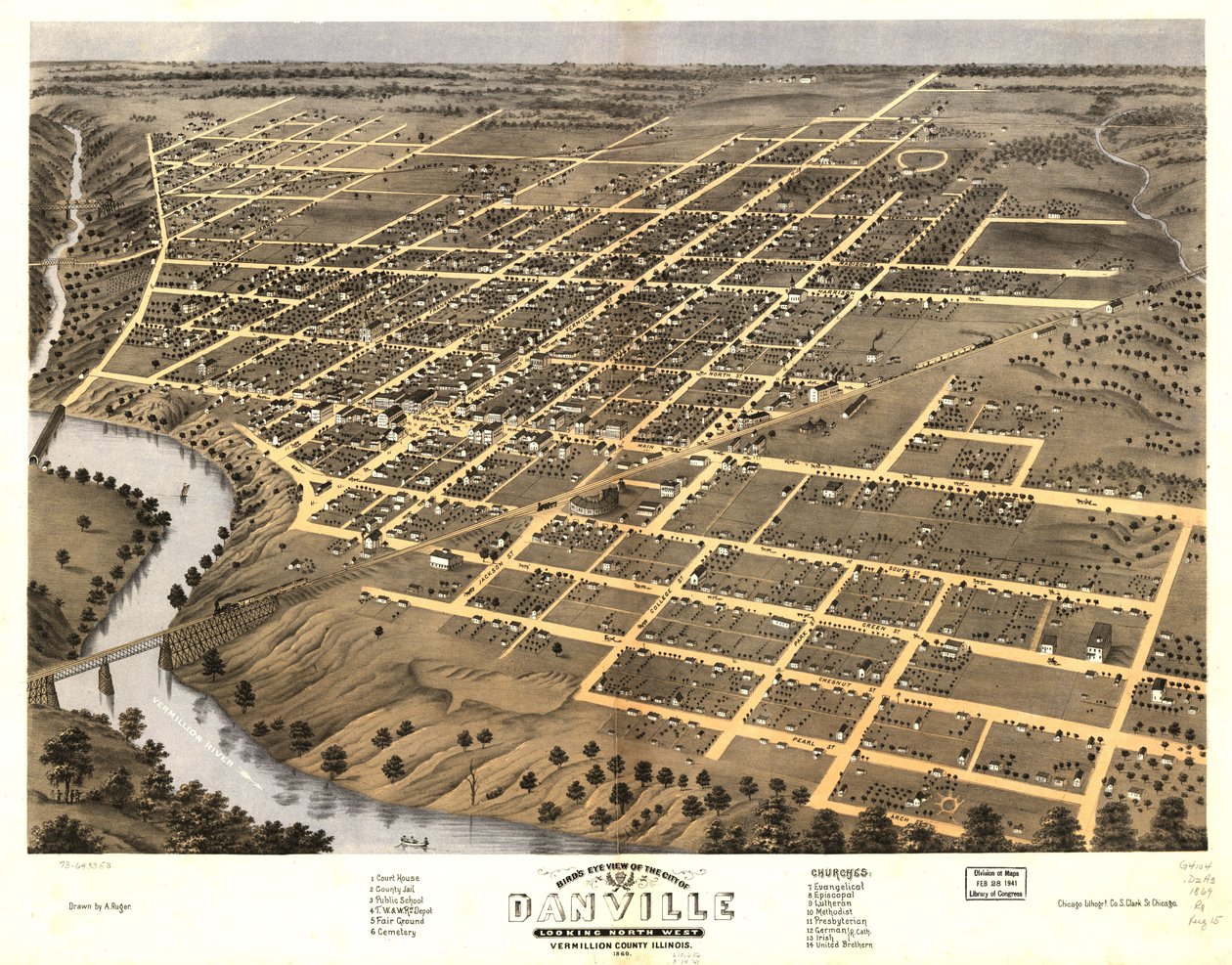 Udsigt i fugleperspektiv over byen Danville, Vermillion County, Illinois 1869. LOC 73693353 af A.; Chicago Lithographing Co. Ruger