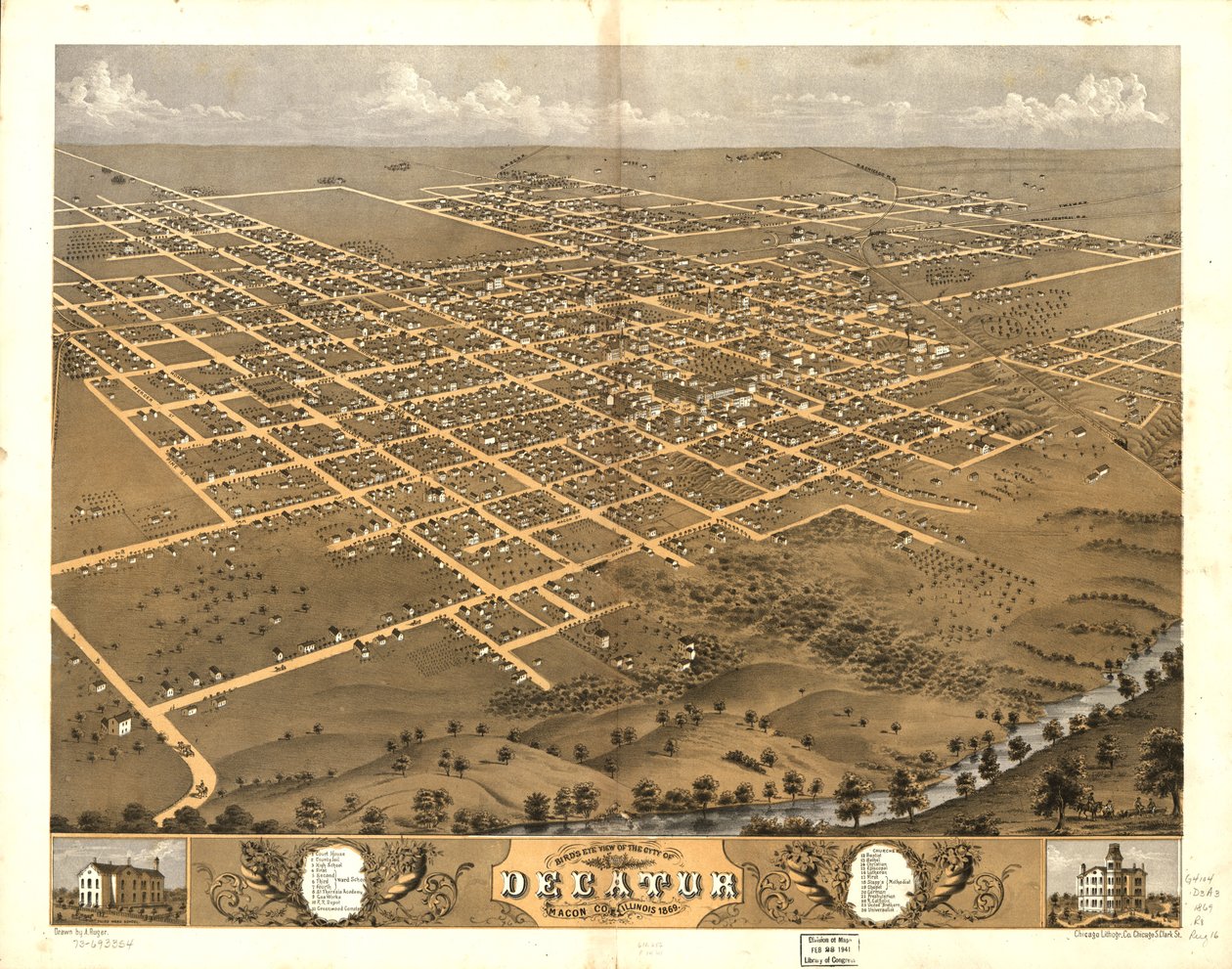 Fugleperspektiv af byen Decatur, Macon Co, Illinois 1869. LOC 73693354 af A.; Chicago Lithographing Co. Ruger