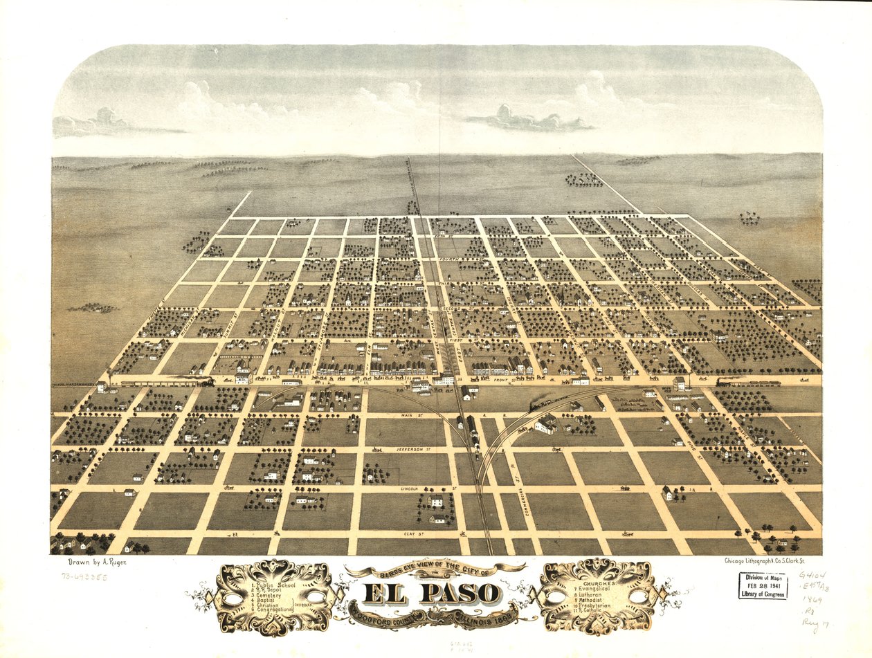 Fugleperspektiv af byen El Paso, Woodford County, Illinois 1869. LOC 73693355 af A.; Chicago Lithographing Co. Ruger
