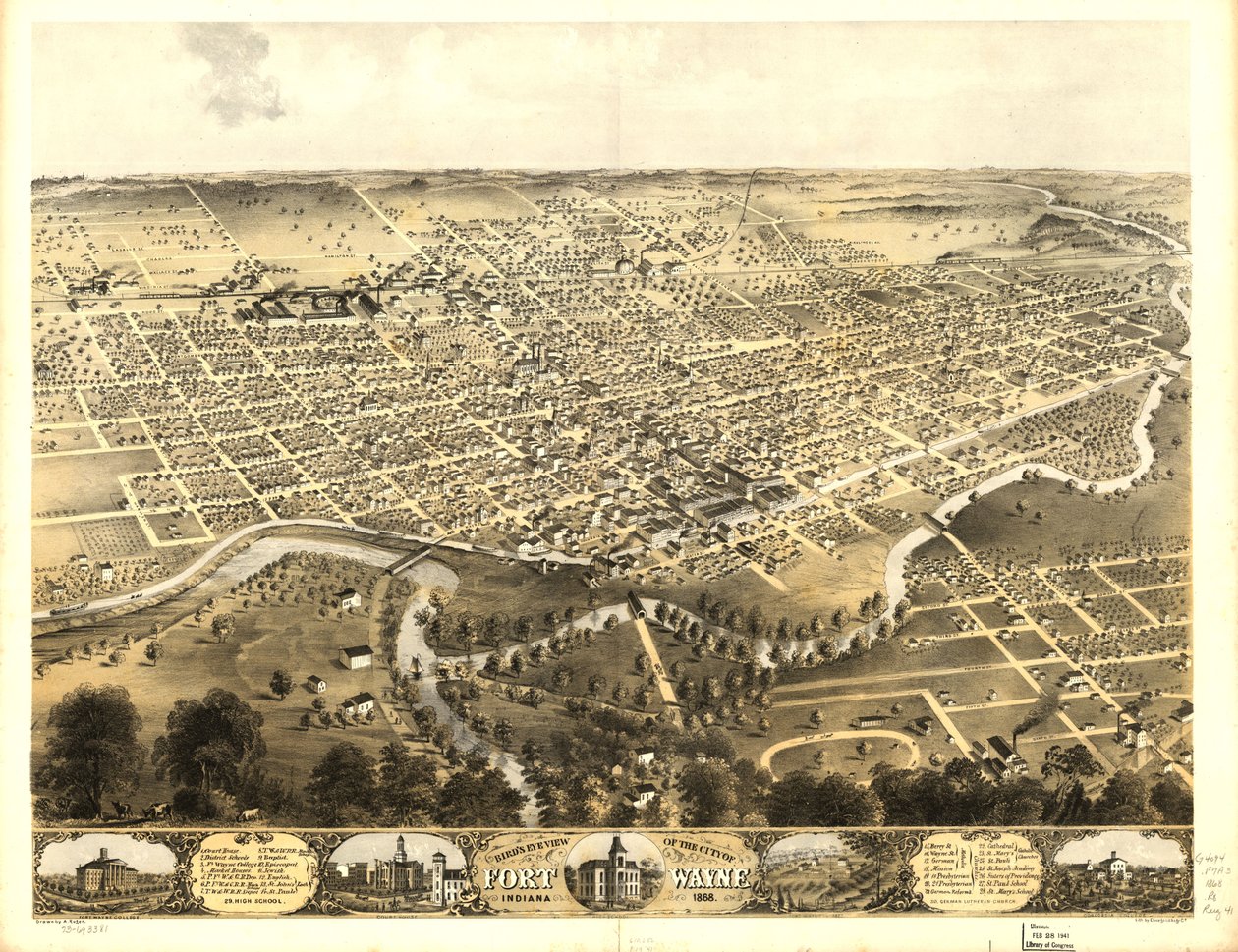 Udsigt i fugleperspektiv over byen Fort Wayne, Indiana 1868. LOC 73693381 af A.; Chicago Lithographing Co. Ruger