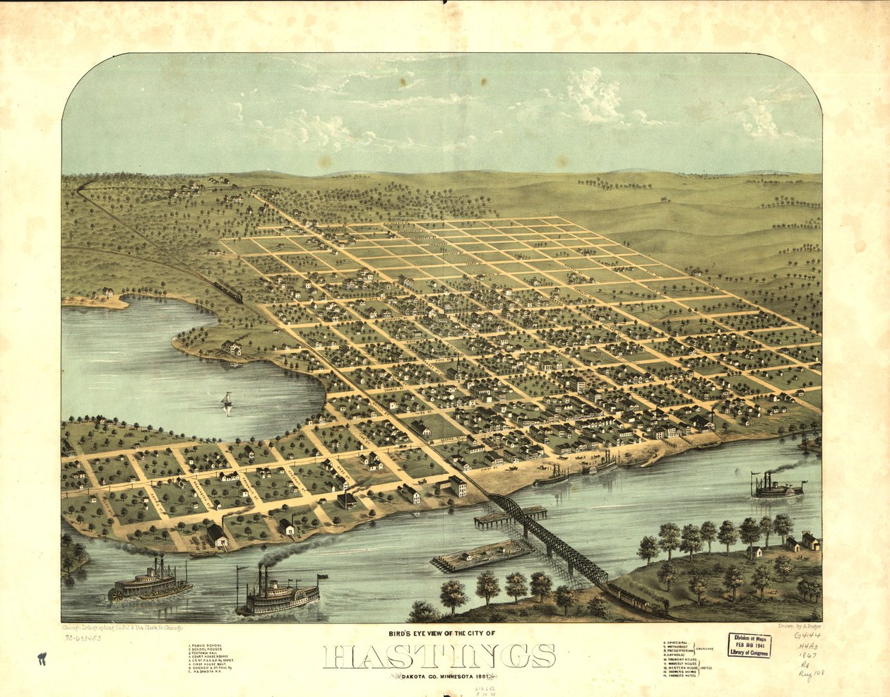 Fugleperspektiv af byen Hastings, Dakota County, Minnesota 1867. LOC 73693453 af A.; Chicago Lithographing Co. Ruger