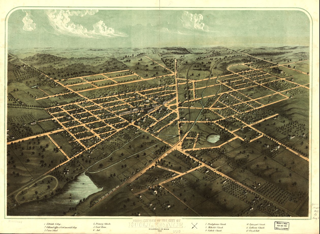Fugleperspektiv af byen Hillsdale, Hillsdale Co., Mich. 1866. LOC 73693429 af A.; Chicago Lithographing Co. Ruger