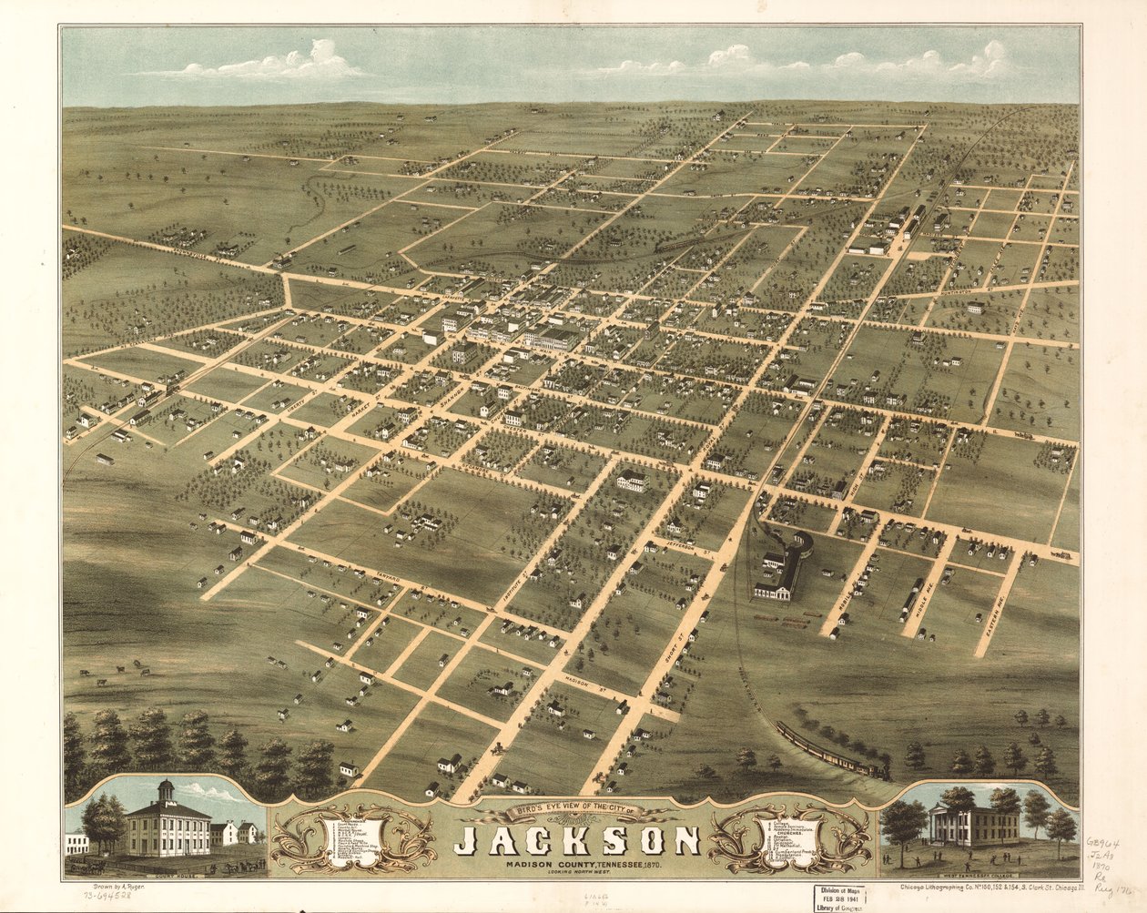 Fugleperspektiv af byen Jackson, Madison County, Tennessee 1870. LOC 73694528 af A.; Chicago Lithographing Co. Ruger
