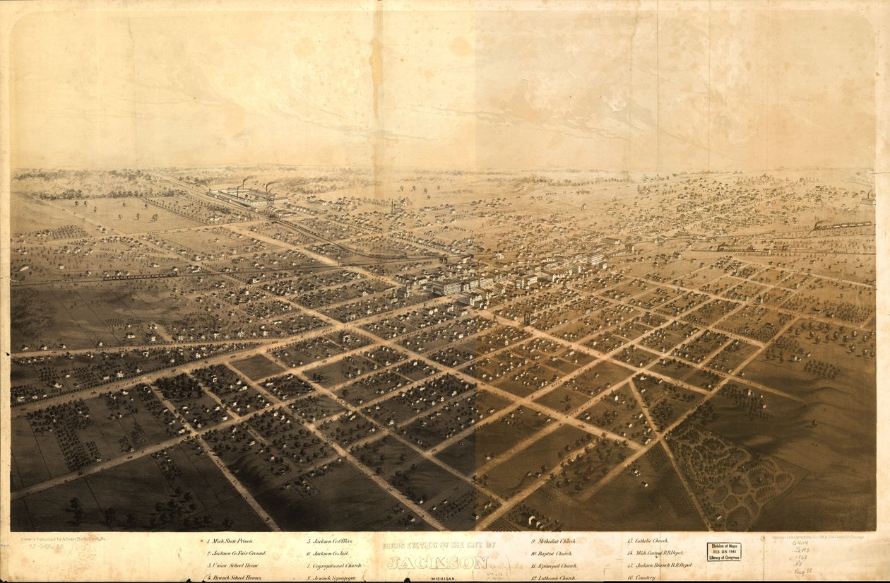 Udsigt i fugleperspektiv over byen Jackson, Michigan. LOC 73693433 af A.; Chicago Lithographing Co. Ruger