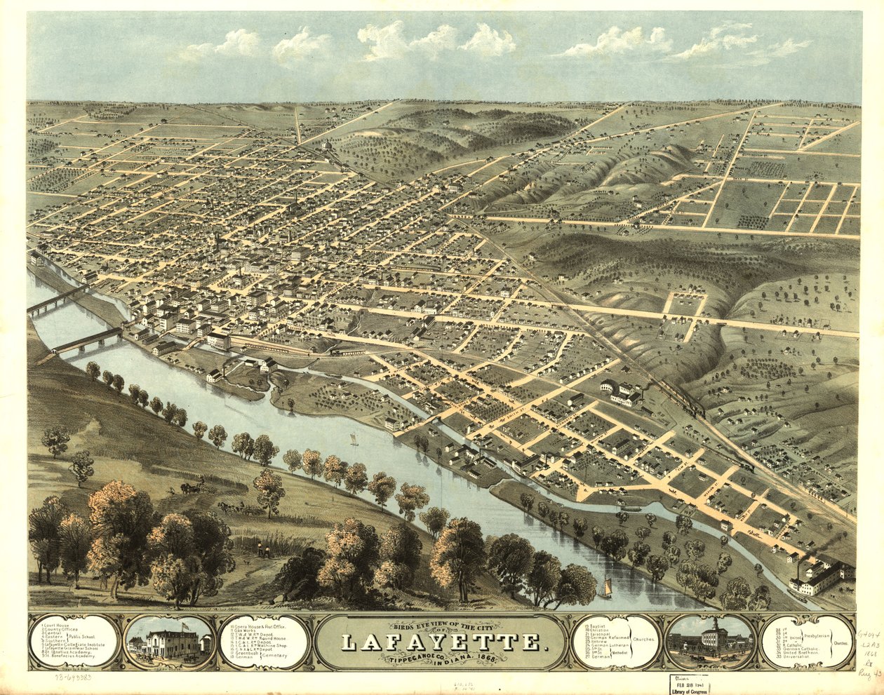 Fugleperspektiv af byen Lafayette, Tippecanoe Co, Indiana 1868. LOC 73693383 af A.; Chicago Lithographing Co. Ruger