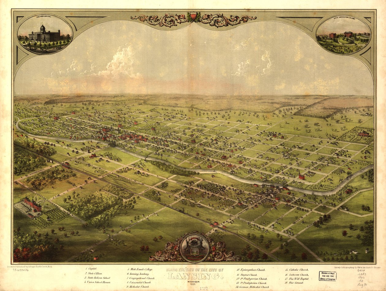 Fugleperspektiv af byen Lansing, Michigan 1866. LOC 73693436 af A.; Chicago Lithographing Co. Ruger