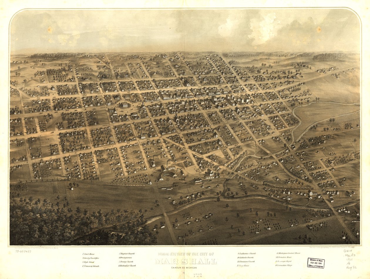 Fugleperspektiv af byen Marshall, Calhoun County, Michigan. LOC 73693437 af A.; Chicago Lithographing Co. Ruger