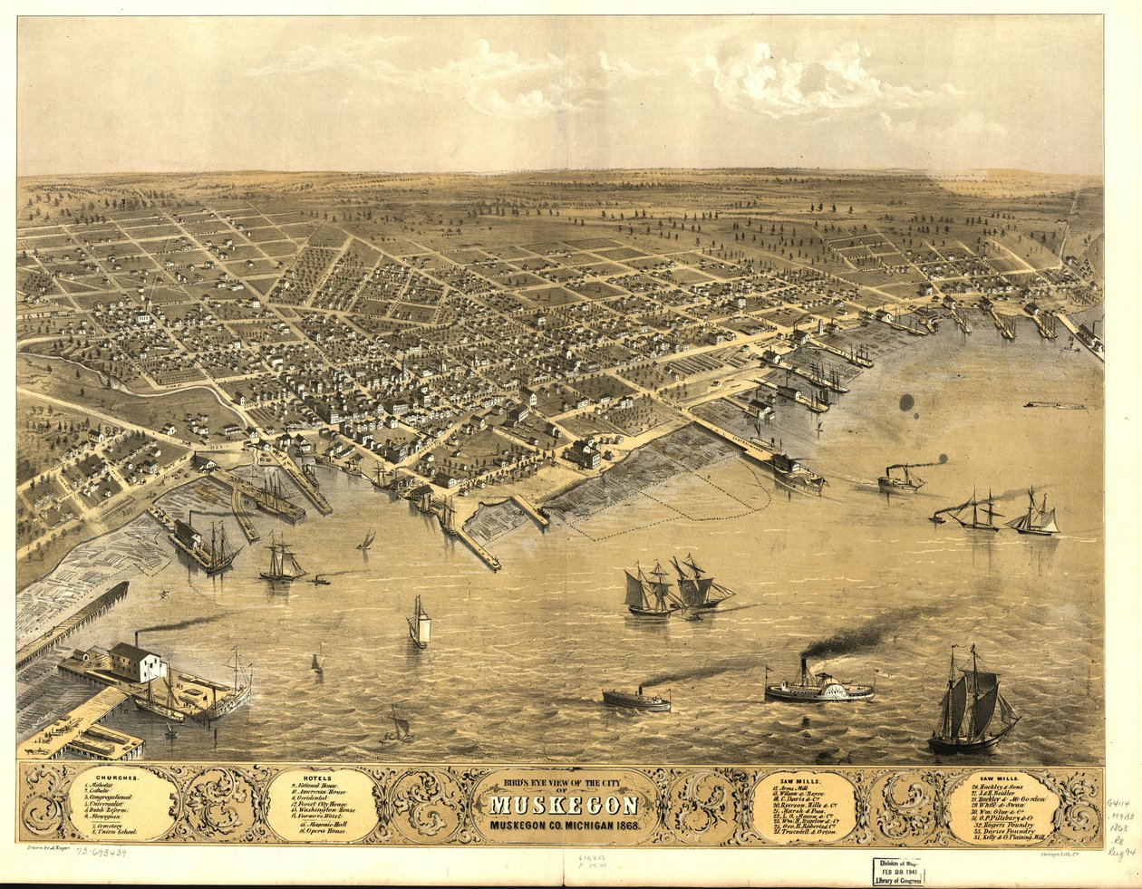Fugleperspektiv af byen Muskegon, Muskegon Co., Michigan 1868. af A.; Chicago Lithographing Co. Ruger