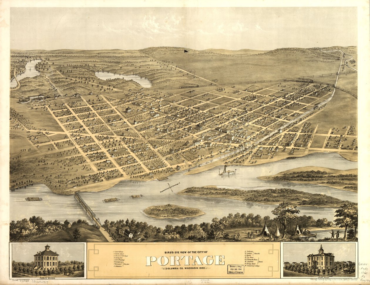 Fugleperspektiv af byen Portage, Columbia Co, Wisconsin 1868. LOC 73694548 af A.; Chicago Lithographing Co. Ruger