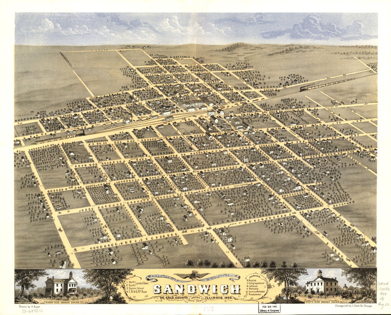 Udsigt i fugleperspektiv over byen Sandwich, De Kalb County, Illinois 1869. LOC 73693372 af A.; Chicago Lithographing Co. Ruger