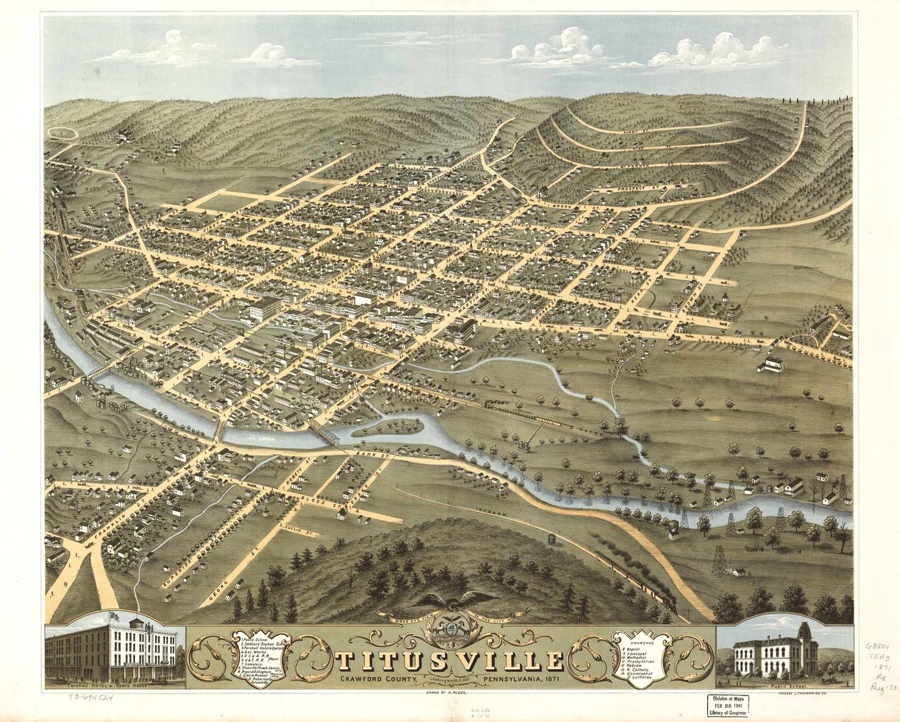 Fugleperspektiv af byen Titusville, Crawford County, Pennsylvania 1871. LOC 73694524 af A.; Chicago Lithographing Co. Ruger