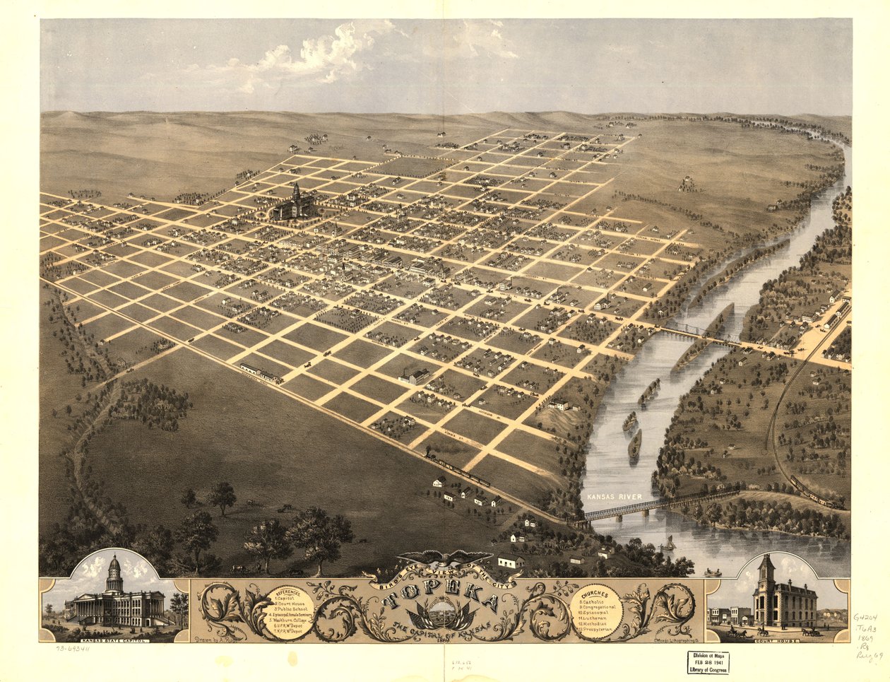 Udsigt i fugleperspektiv over byen Topeka, hovedstaden i Kansas 1869. LOC 73693411 af A.; Chicago Lithographing Co. Ruger