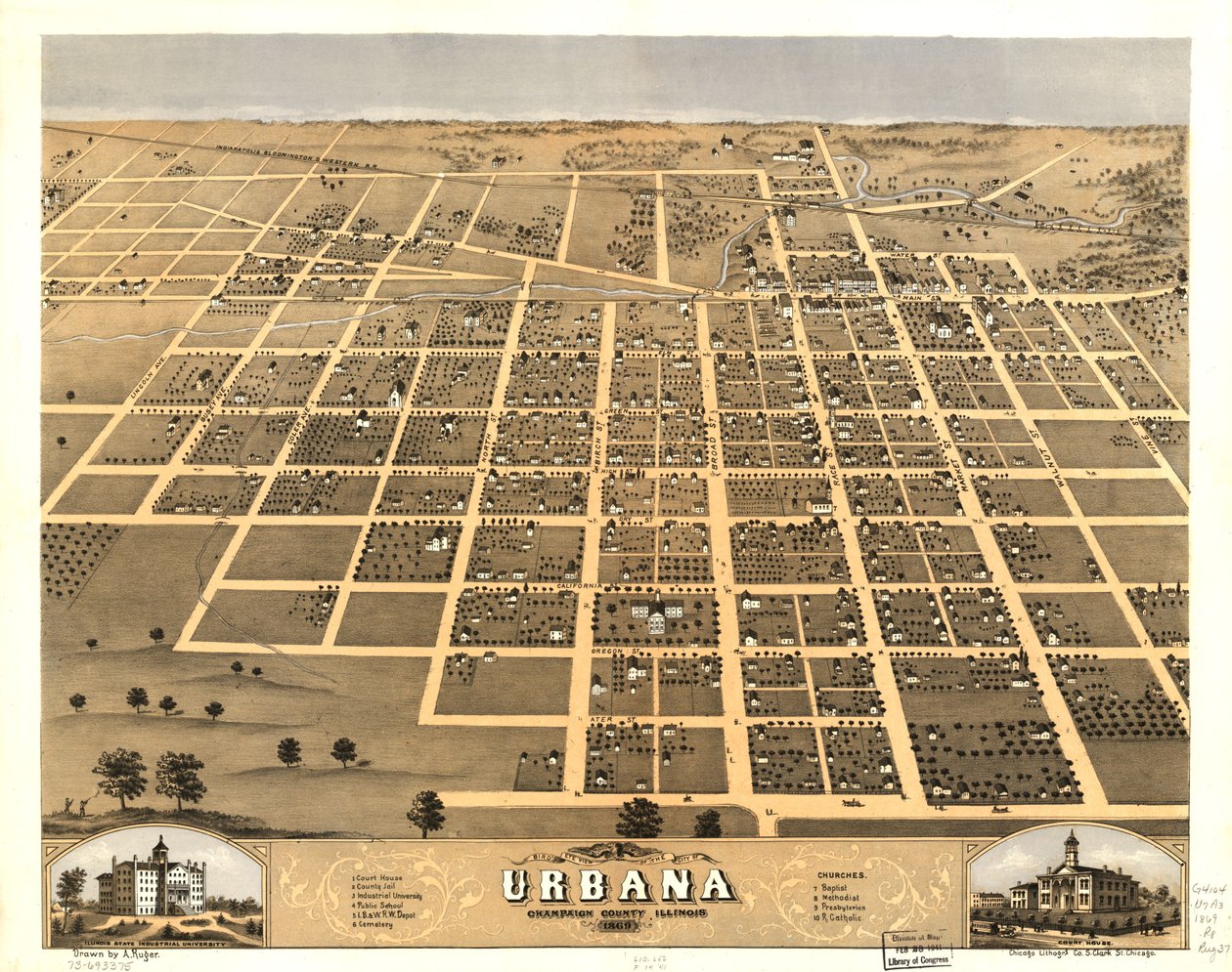 Fugleperspektiv af byen Urbana, Champaign County, Illinois 1869. LOC 73693375 af A.; Chicago Lithographing Co. Ruger