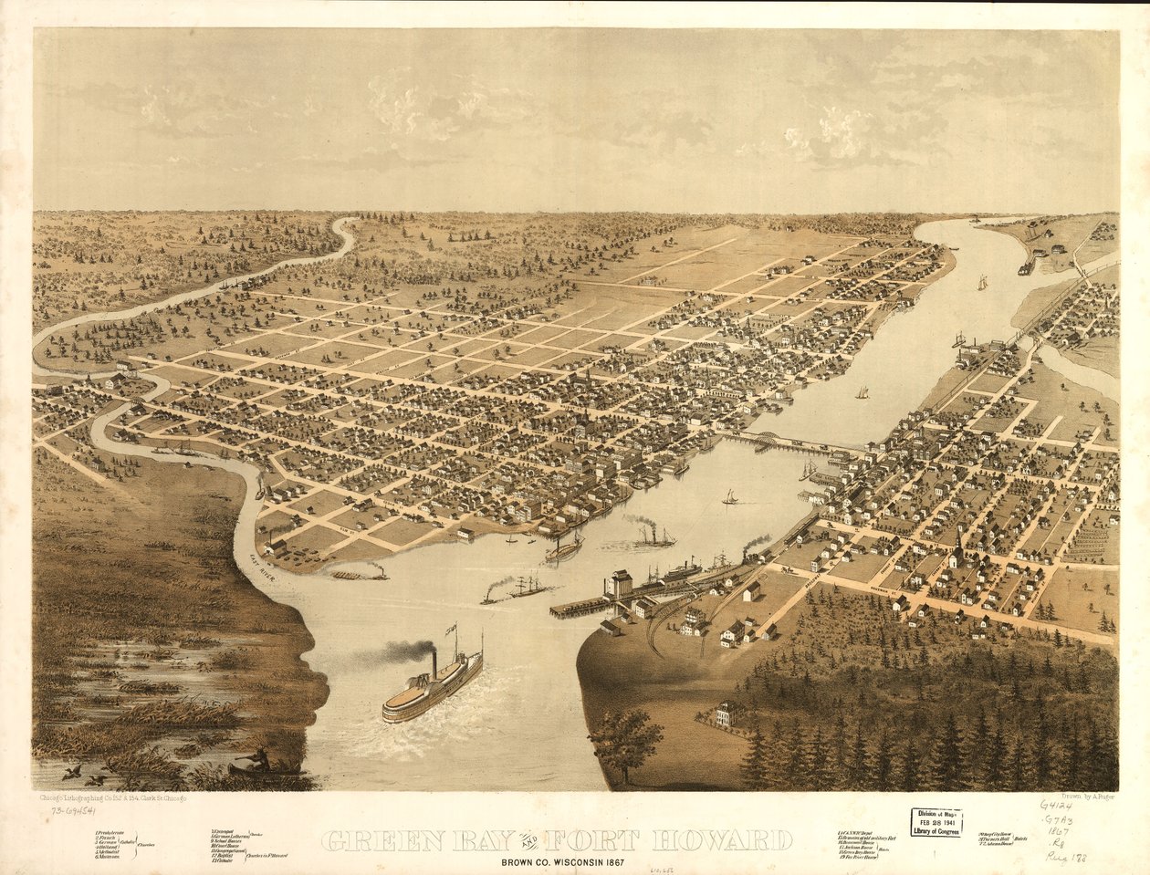 Green Bay og Fort Howard, Brown Co, Wisconsin 1867. LOC 73694541 af A.; Chicago Lithographing Co. Ruger