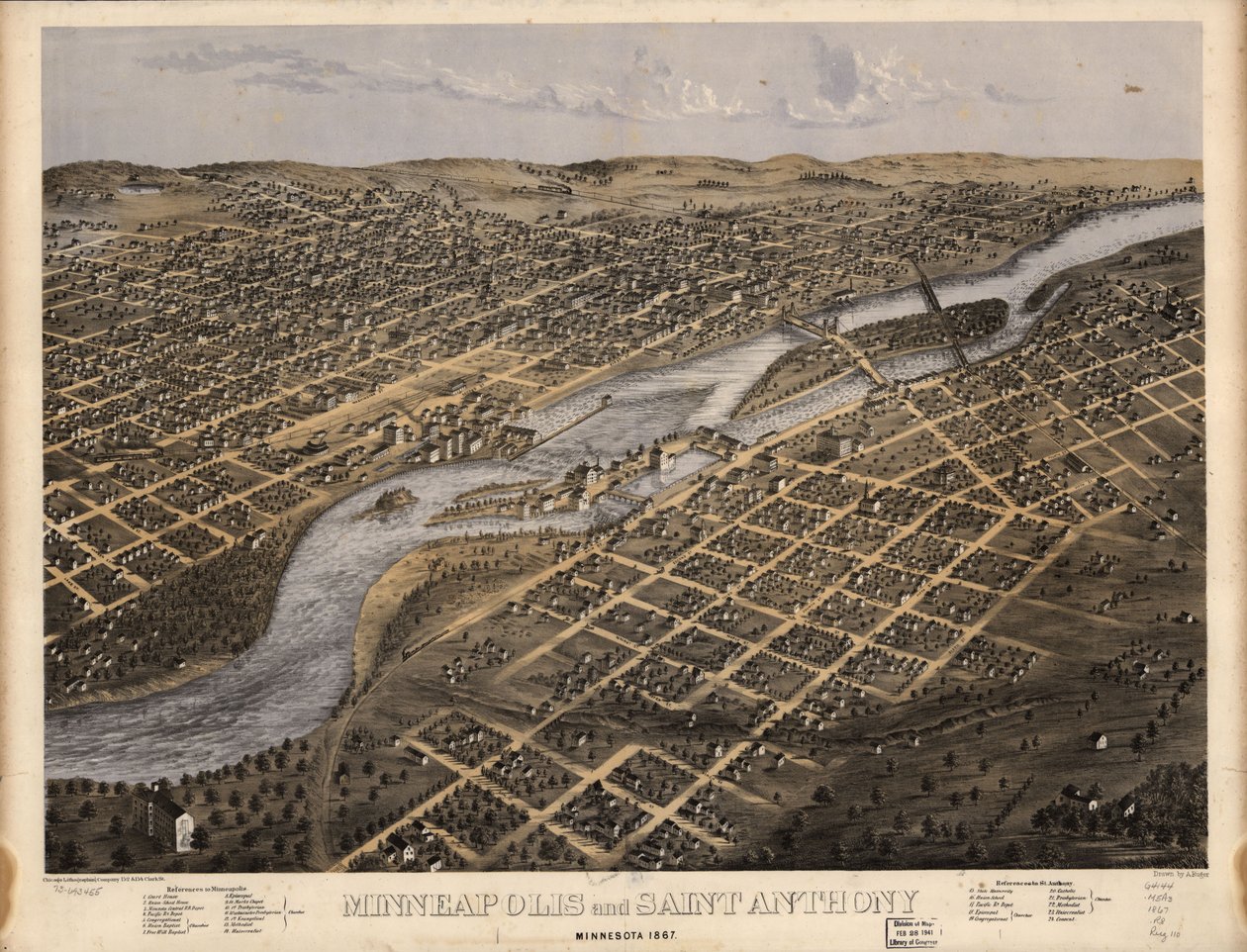 Minneapolis og Saint Anthony, Minnesota 1867. LOC 73693455 af A.; Chicago Lithographing Co. Ruger