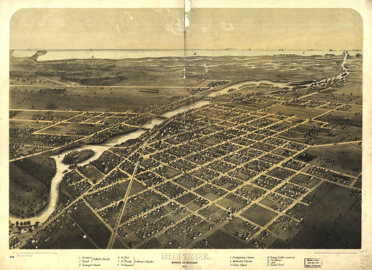 Monroe, Monroe Co, Michigan 1866. LOC 73693438 af A.; Chicago Lithographing Co. Ruger